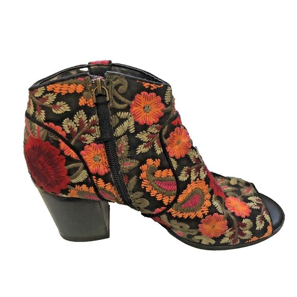 Embroidered Open Toe Black Orange Red Floral Fabric Womens 8.5 Ankle Boot Boho - Picture 3 of 11